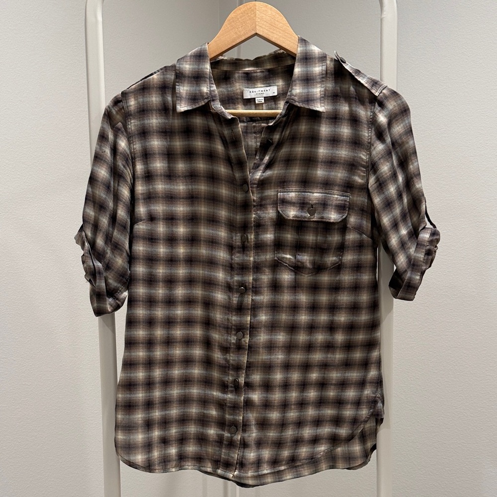 Equipment Brown/Black/Gray Checkered Shirt Size XS